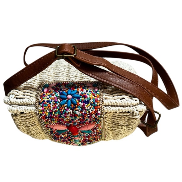 Brand New Women’s Cream Basket & Faux Brown Leather Purse w/ Colourful Beads - Picture 3 of 9